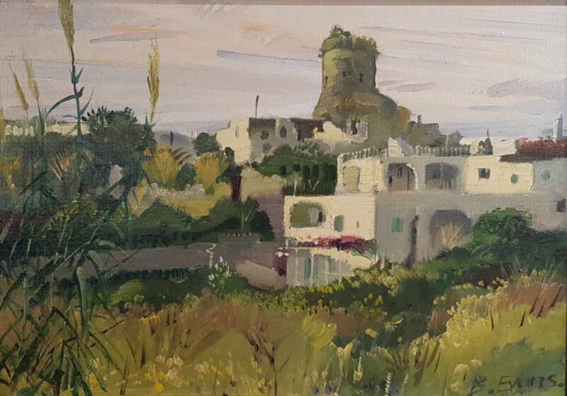 Foto del dipinto del pittore Bernard Evans (1929-2014) raffigurante Forio d'Ischia con la sua torre saracena del Torione, olio su tela 25x35 cm