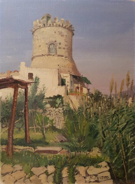 Foto del dipinto del pittore Bernard Evans (1929-2014) raffigurante la torre saracena del Torione a Forio d'Ischia, olio su tela 40x30 cm