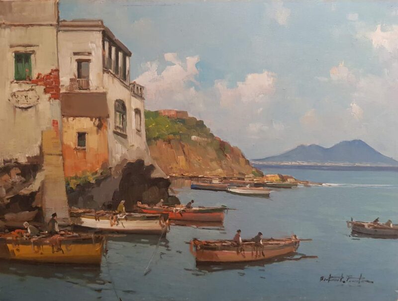 Foto del dipinto del pittore Fortunato Fontana (Oberdan Morano) raffigurante la marina di Marechiaro a Napoli, olio su tavola 30x40 cm