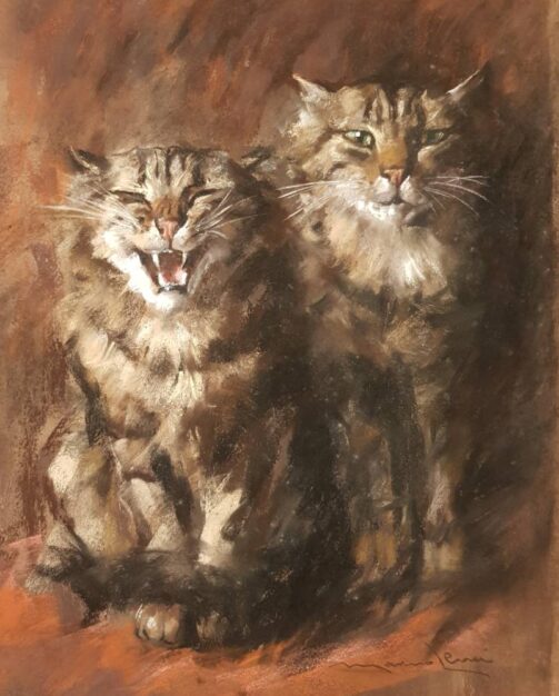 Foto del dipinto del pittore Marino Lenci (1874-1939) raffigurante una coppia di gatti "I due furbetti", pastello su cartoncino 35x29 cm. 