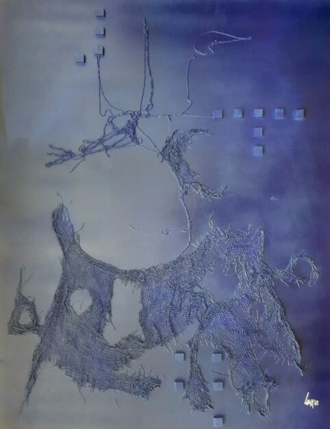 Foto del dipinto astratto di LuCa (Luigi Castellano, 1923-2001) della serie Cattedrali del sogno, monocromo in blu, collage e smalto su tavola 130x100 cm del 1962