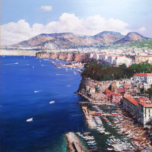 Foto del dipinto del pittore Andrea Patrisi (Napoli, 1954), olio su tavola di 100x100 cm dal titolo Sorrento