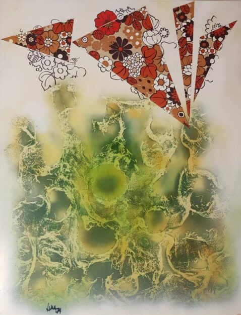 Foto del dipinto astratto di LuCa (Luigi Castellano, 1923-2001) della serie Species contadina sospesa, in verde, collage e smalti su tavola 130x100 cm del 1974