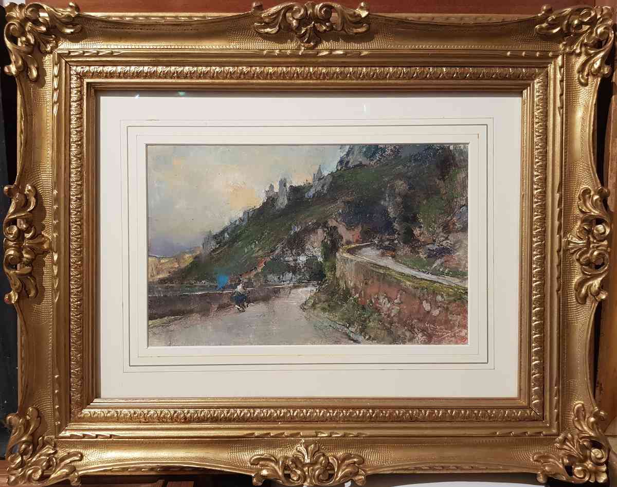 Foto del dipinto di Giuseppe Casciaro (1863-1941) completo di cornice dorata e vetro invisibile raffigurante uno scorcio con una stradina di Capri. Pastello su carta 17x27,5 del 1908.