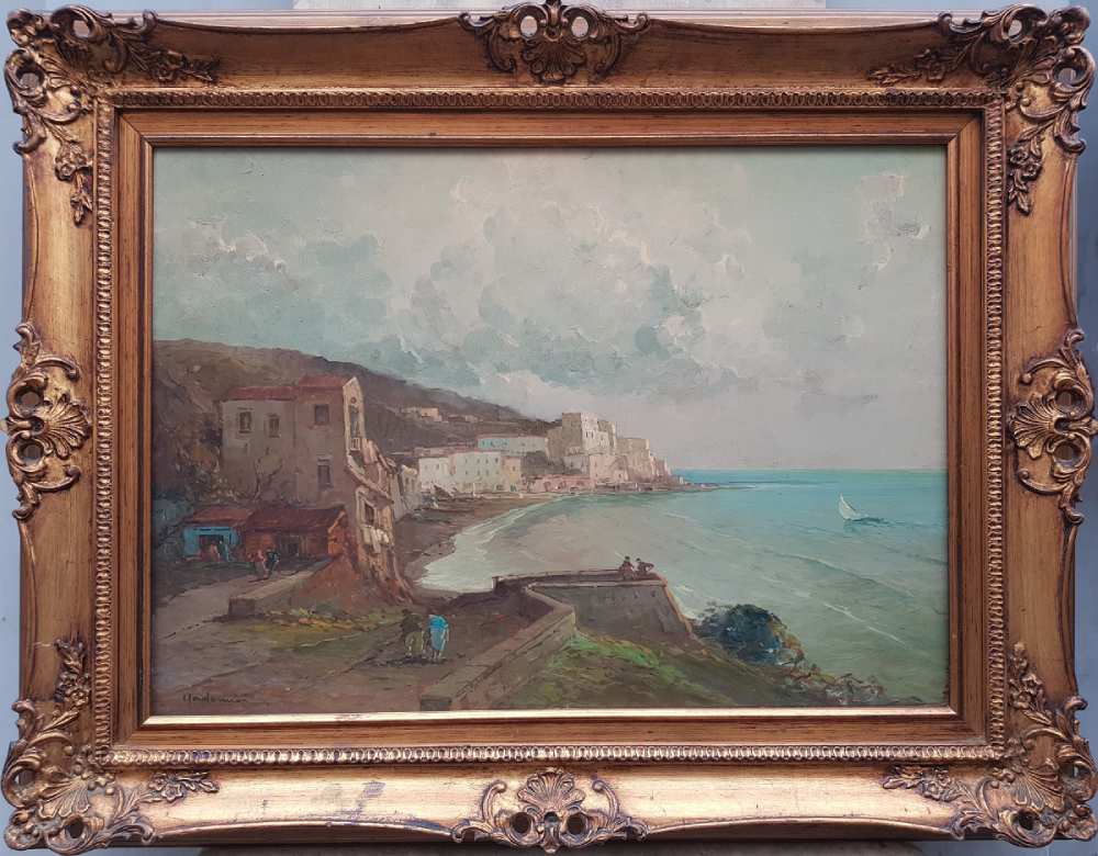 Foto del quadro incorniciato Marina di Amalfi del pittore Madonna Antonio (1919-2010), olio su masonite 50x70 cm