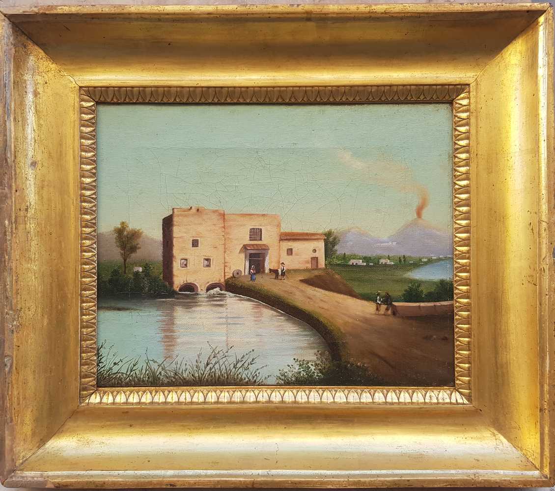 Foto del dipinto di autore anonimo appartenente alla Scuola di Posillipo raffigurante un Mulino ad acqua con veduta del Vesuvio sullo sfondo. Olio su tela 24x31 cm del XIX secolo con cornice antica coeva
