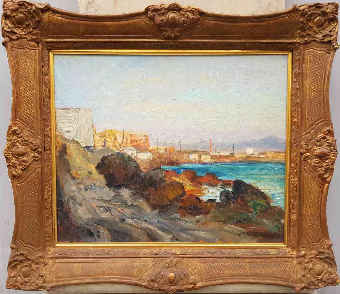 Foto del dipinto del pittore Errico Placido (1909-1983), raffigurante la marina della costa partenopea, titolo "La pietra", olio su tavola di cm 45x54,5 firmato e datato in basso a destra Placido 1951. Con cornice antica.